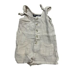 Pink Velvet Romper Girls 4T Beige Cotton Gauze Button Front Tie Straps Pockets